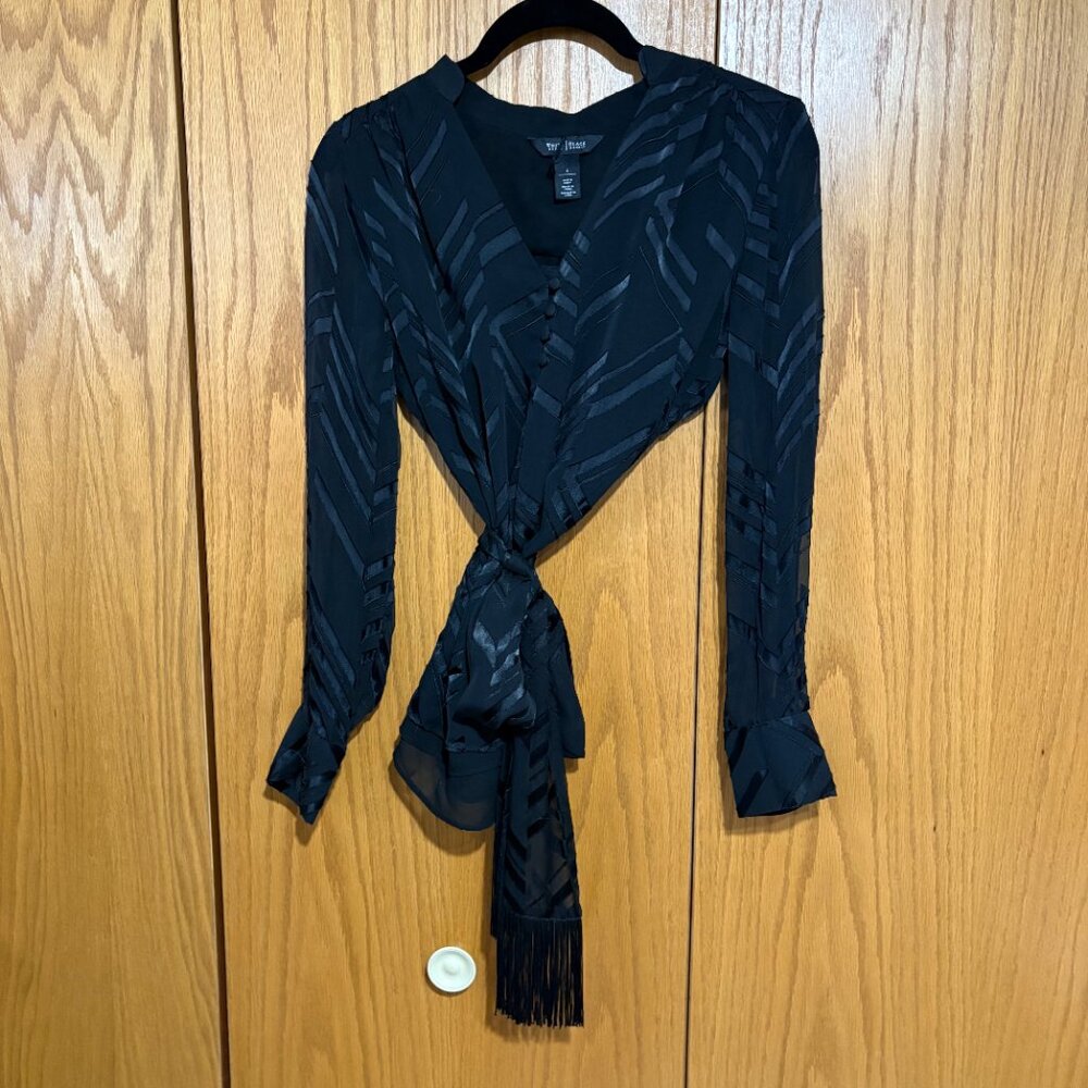 WHBM silk blend fringe tie belt whimsigoth 90s inspired long sleeve blouse - Picture 4 of 6